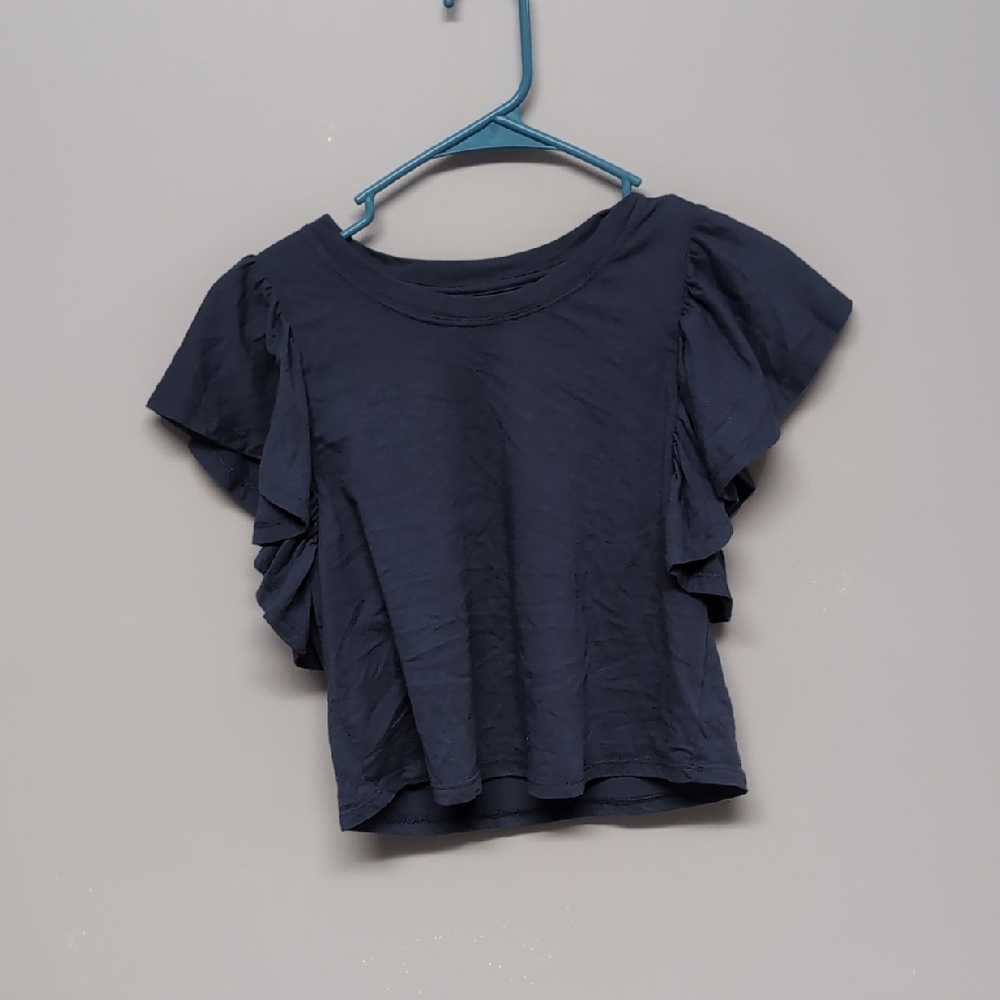 SO Navy Blue Ruffle Sleeve Crop Top